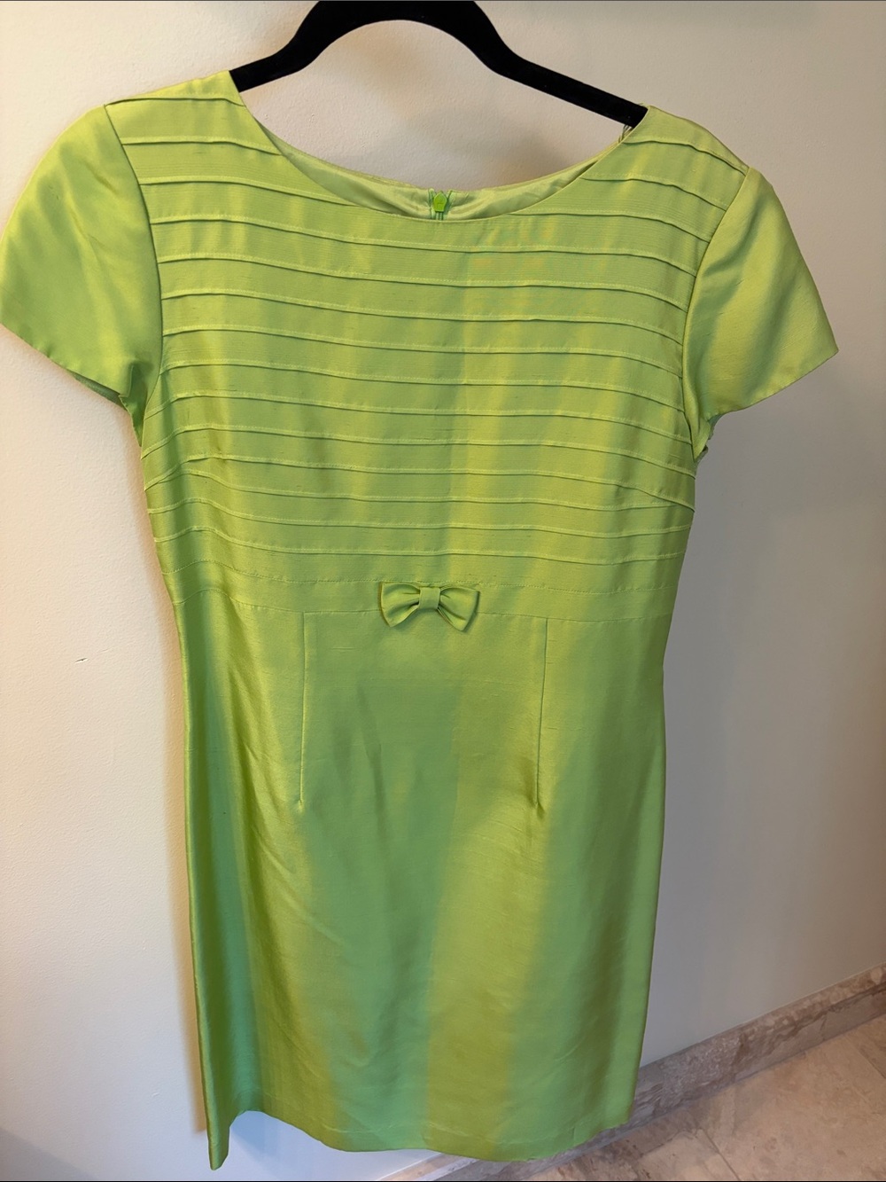 Talbots Lime Green Pintuck Sheath Dress with Bow